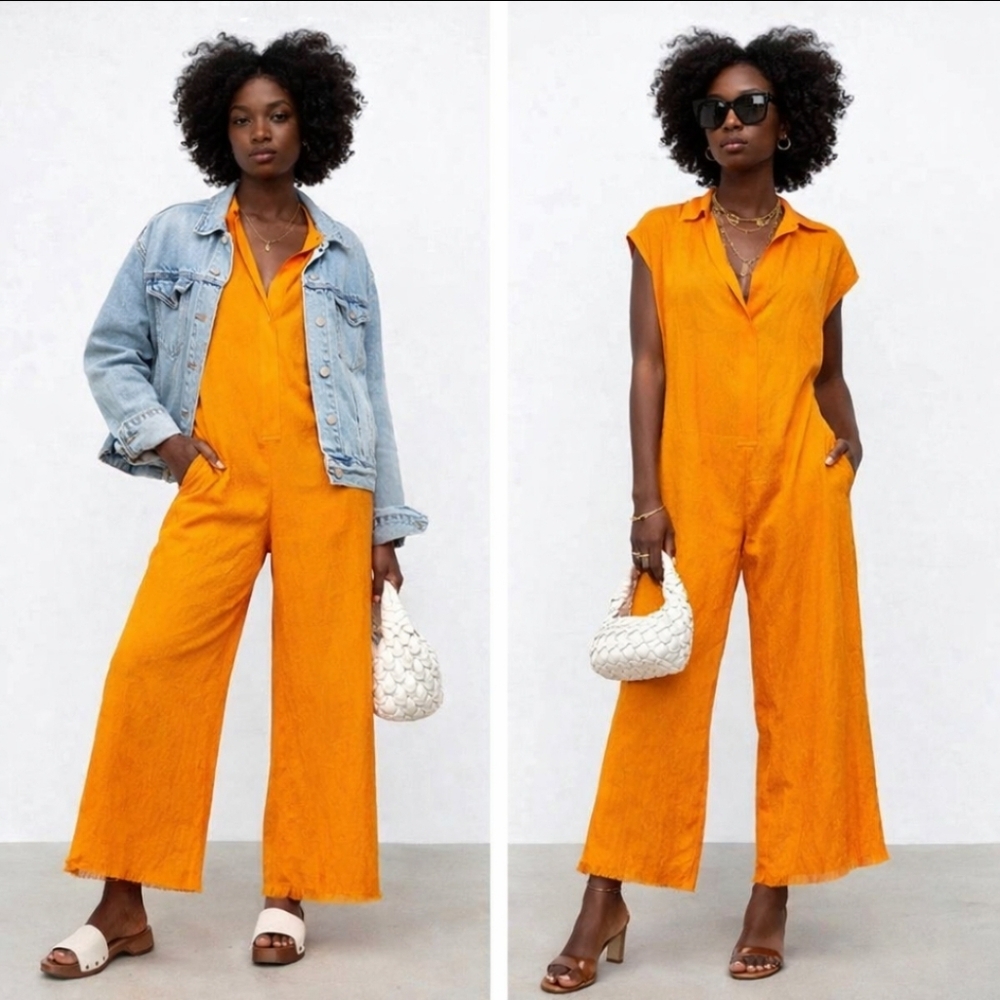 Zara textured ankle jumpsuit jacquard collared raw hem orange size xs